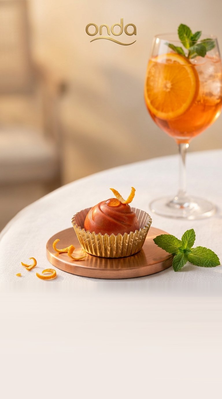 Praline auf einem Kupferteller neben einem Spritz-Glas mit Orangenscheibe und Minze