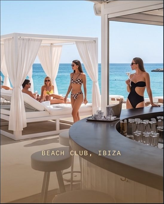 Beach Club auf Ibiza mit weissen Vorhängen und Bar am Meer