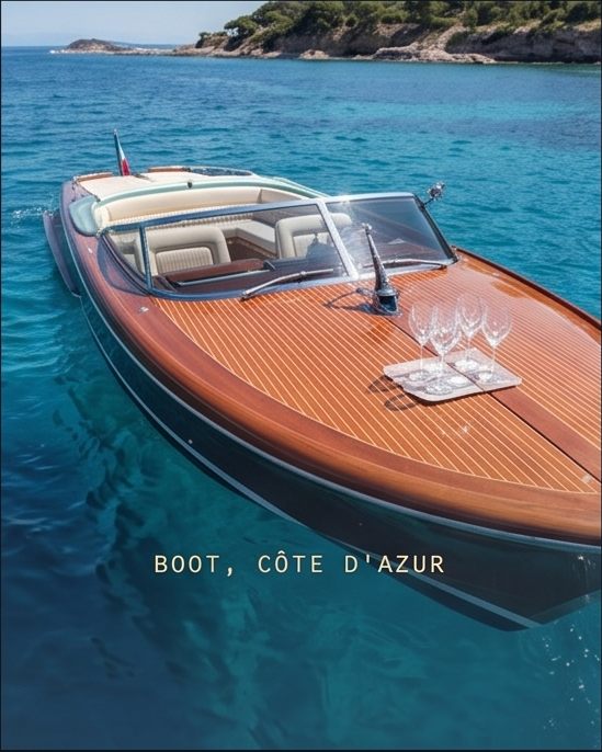 Klassisches Holzboot auf türkisem Wasser an der Côte d'Azur