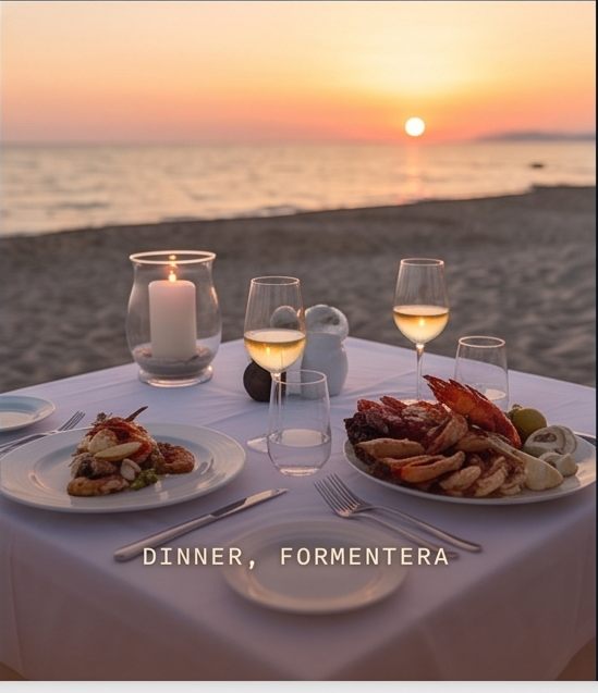 Gedeckter Tisch am Strand mit Kerze und Weingläsern im Abendlicht