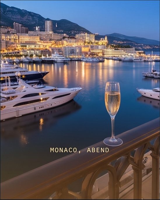 Hafen von Monaco am Abend, im Vordergrund ein Glas Champagner