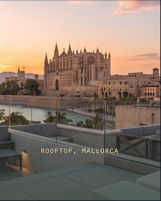 Rooftop-Terrasse mit Blick auf die Kathedrale von Palma de Mallorca im Sonnenuntergang