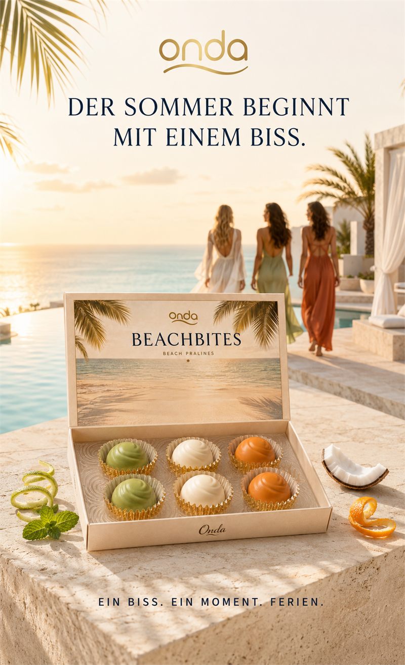 Kampagnenmotiv «Der Sommer beginnt mit einem Biss»: drei Frauen am Pool über dem Meer, davor eine geöffnete ONDA Beachbites Box
